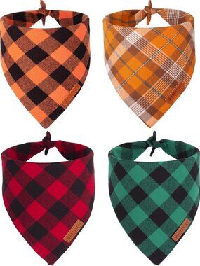 Plaid Dog Bandanas for Fall & Christmas, 4-Pack X-Large Pet Scarves
